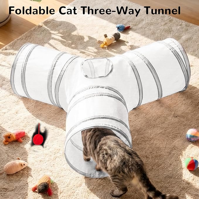 Tempcore Cat Tunnel for Indoor Cats, 3-Way Collapsible Play Tunnel with Teaser Wand, Peek Holes & Toy Ball, Small Pet Toy for Kittens & Rabbits, White & Light Grey