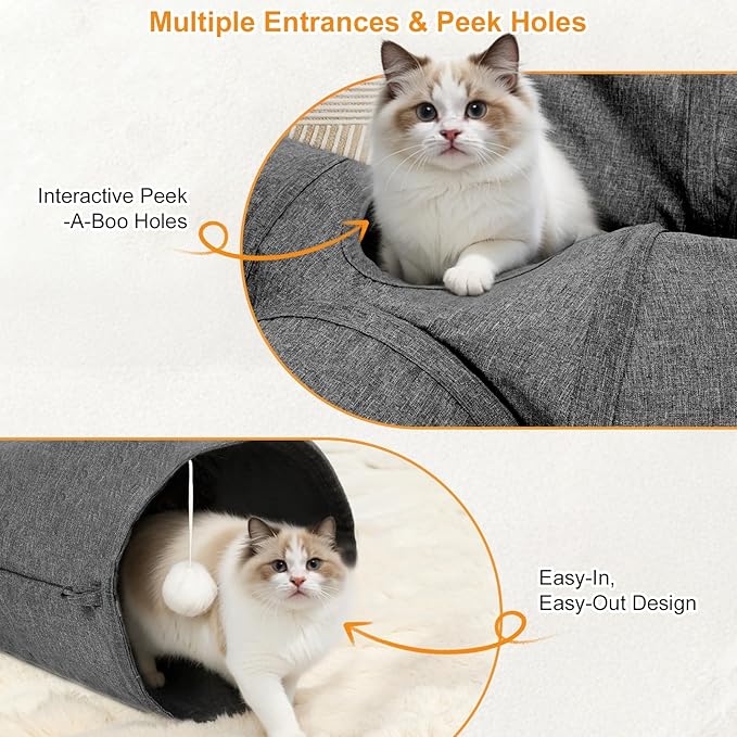 Ownpets Cat Tunnel 12 Inches in Diameter Larger Pet Tunnel Tube with Plush Ball & Feather Toy, U-Shaped Cat Play Tunnel for Big Cat, Puppy and Rabbits