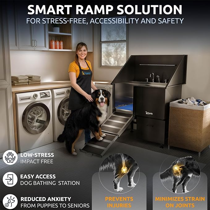 KANIS Professional Dog Washing Station 304 Stainless Steel Pet Wash Sink & Grooming Bathtub w/Shower, Floor Grates and Storage for Large, Medium & Small Pets (Black, 40 Inches, Left Ramp, 1 Drawer)
