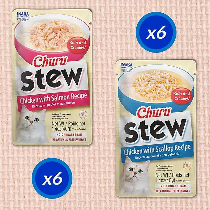 INABA Churu Stew for Cats, Side Dish Pouch with Vitamin E, 1.4 Ounces per Pouch, 24 Pouches, Chicken Variety