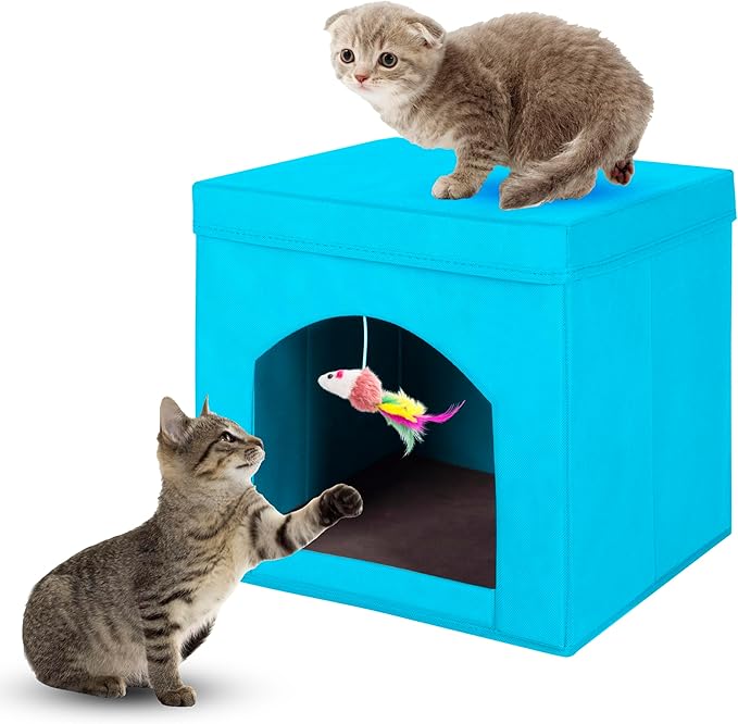 ShellKingdom Collapsible Cat House, Foldable Kitty Cat Cube and Cat Cave with Bed, Cat Stool Condo for Indoor Cats, 13 x 13 x 13 inches (Blue)