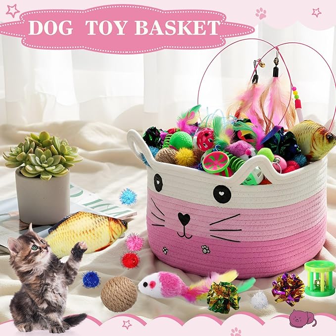 Zopeal 76 Pcs Graduation Cat Storage Basket Gift Toys Set Interactive Cat Toys Kitten Wand Colorful Flashing Balls Pet Crinkle Balls Attract Kitten to Swat, Hunt for Pet Indoor(Pink)