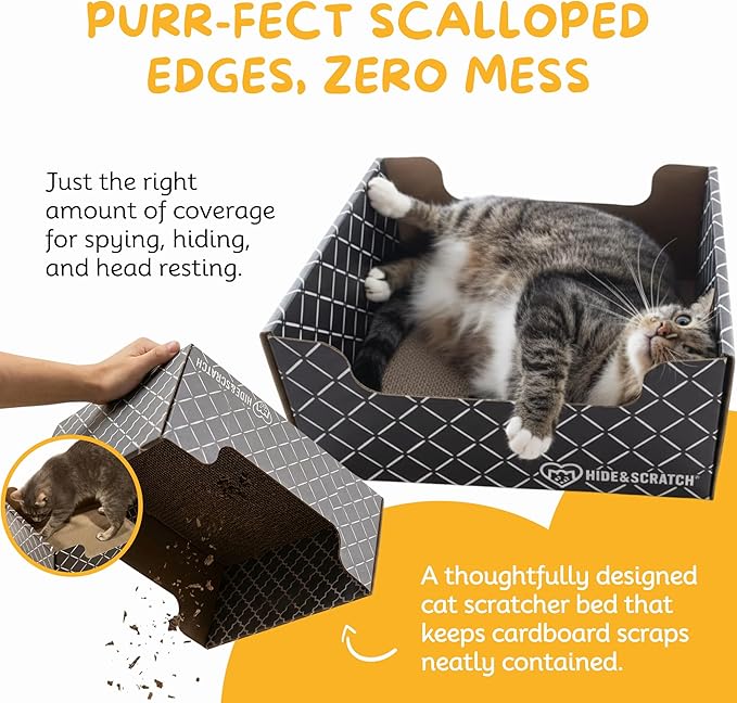 Hide & Scratch Cardboard Cat Scratcher Box & Bed - Dark Grey Diamond | Double-Sided Corrugated Pad for Indoor Cats | Refillable Scratching Board Toy for Play & Furniture Protection