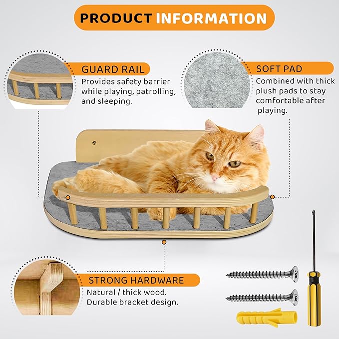 Cat Wall Shelves – 3 Steps Climbing Furniture & Perch for Indoor Cats up to 30lbs, Wooden Floating Shelf with Non-Slip Pad Bed, Modern Corner & Wall Mounted for Playing and Lounging - Natural