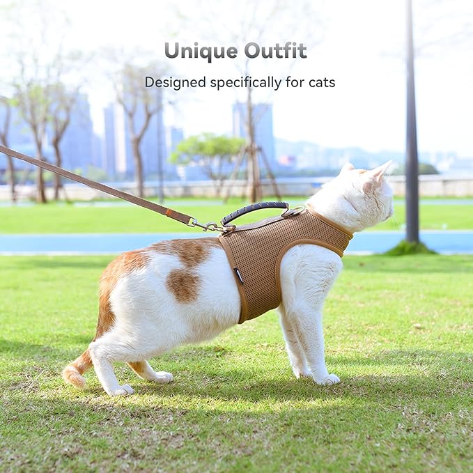 Cat Harness and Leash for Walking Escape Proof Breathable Mesh Fabric, Solid Brown, XX-Large, Adjustable Cat Walking Jackets with Handle, Padded Stylish Cat Vest