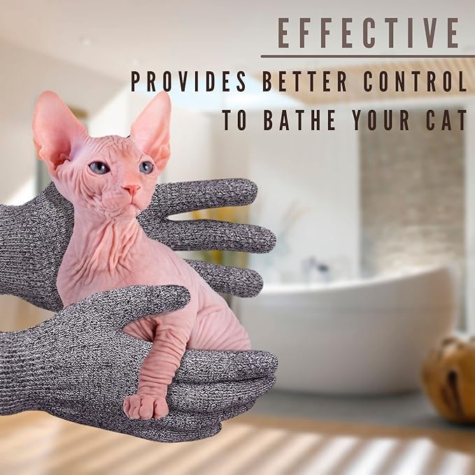 Sphynx Cat Bath Glove, Carbonized Bamboo Charcoal Exfoliating Mitt for Hairless Cats, Gentle Pet Grooming Bath Scrub for Peterbald and Donskoy (1 Pair)