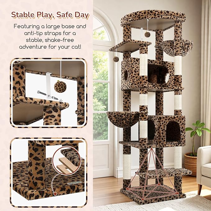 Globlazer Heavy Duty Cat Tree, 74inch Sturdy Cat Tower for Large Cats Adult, Big Cat Tree with 7 Sisal Scratching Posts, 2 Padded Cat Condos, 2 Hanging Baskets, Enlarged Top Perch, S74, Leopard Print