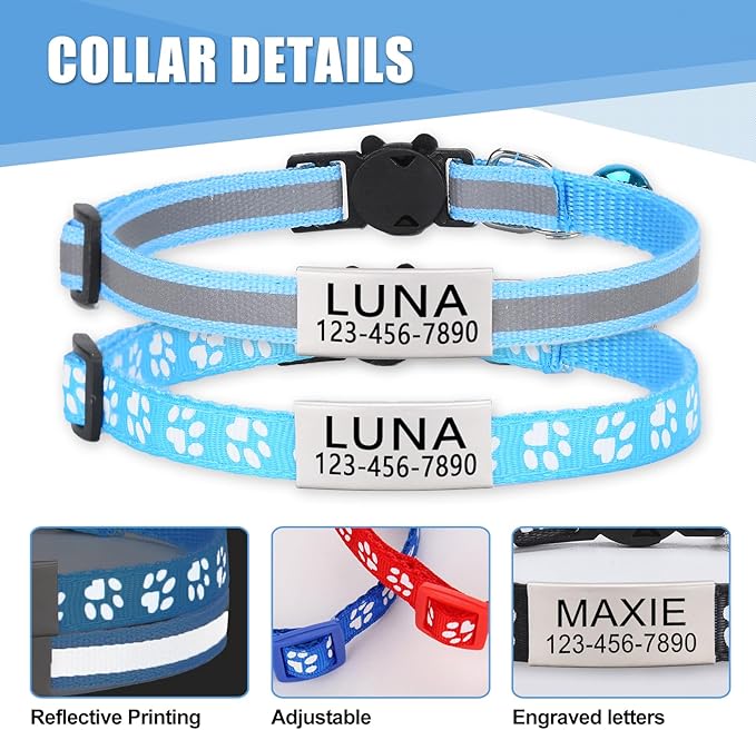 Personalized Cat Collar - 2 Pack Breakaway Reflective Adjustable Collars with Bell & Name Tag for Boy & Girl Kittens,Customized Engraved Nameplate Pet Tag for Cat Collar(Sky Blue)