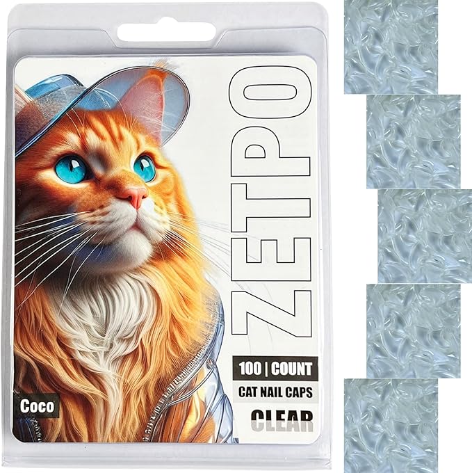 zetpo 100 pcs Cat Nail Caps | Cat Claw Covers | with Adhesives and Applicators (Clear, L)