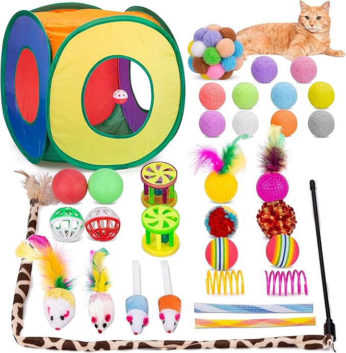 Retro Shaw Cat Toys Pack 33Pcs, Interactive Kitten Toys for Indoor Kittens Cats, Collapsible Kitty Play Tunnel Tent Feather Wand Balls Bell Springs Mouse Kitty Toys for All Breeds (Medium Tunnel)