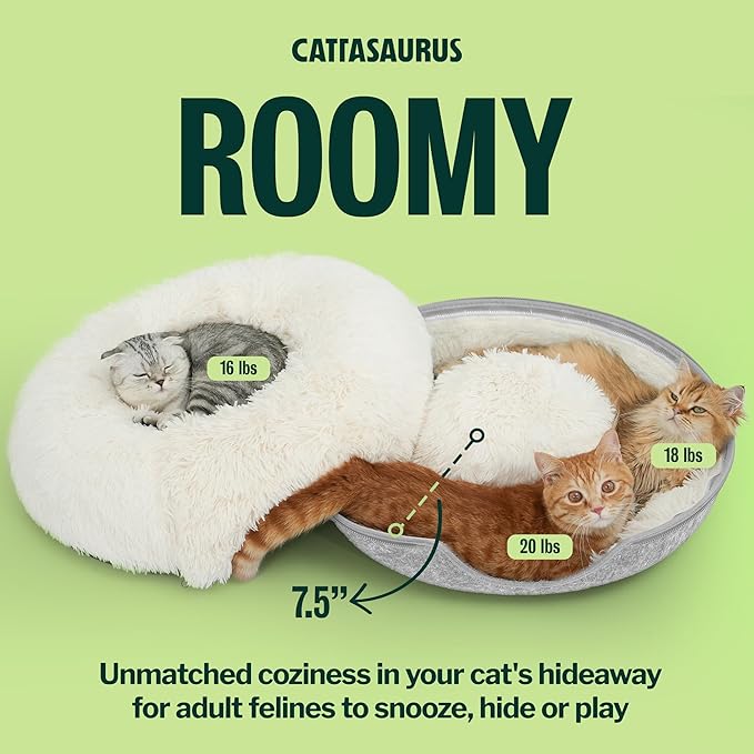 CATTASAURUS Peekaboo Cat Cave for Multiple & Large Cats Up to 30-45 Lbs, Fluffy Cat Beds for Indoor Cats, Scratch Detachable & Washable Tunnel Bed, Comfy Donut Cave (Light Gray, Large (Calming))