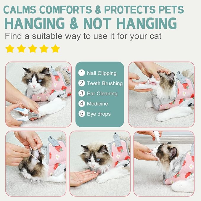Supet Cat Grooming Hammock Harness for Nail Trimming, Cat Grooming Hanging Sling for Nail Clipping, Pet Restraint Holder for Cutting Nails, Medicine, Ear & Teeth Cleaning, Eye Care (Strawberry L)