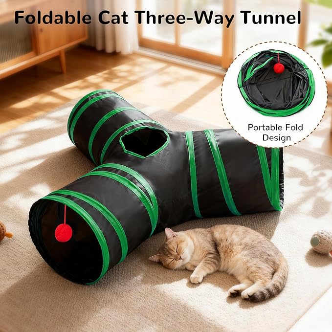 Tempcore Cat Tunnel for Indoor Cats, 3-Way Collapsible Play Tunnel with Teaser Wand, Peek Holes & Toy Ball, Small Pet Toy for Kittens & Rabbits, Black & Green