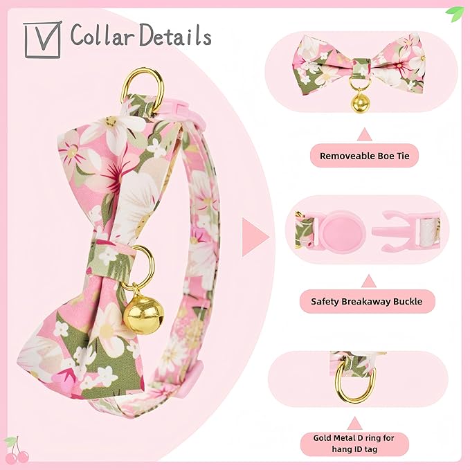 2 Pack Floral Bow Tie Cat Collars with Bell, Adjustable Soft Cotton Cute Kitten Collars with Safety Breakaway Buckle for Cats & Small Dogs(Fl Blue+Pink)