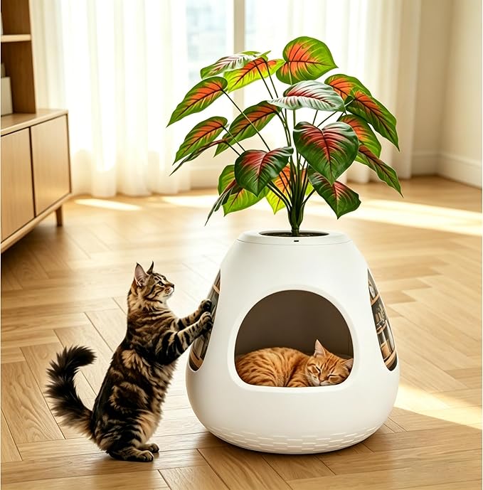 Copod8 Cat Beds for Indoor Cats 4-in-1 Cat Bed Cave Kitten House with Replaceable Scratching Board, Heating Pad, Air Purifier and Artificial Plant for Cats Rabbits Guinea Pigs Small Dogs (White)