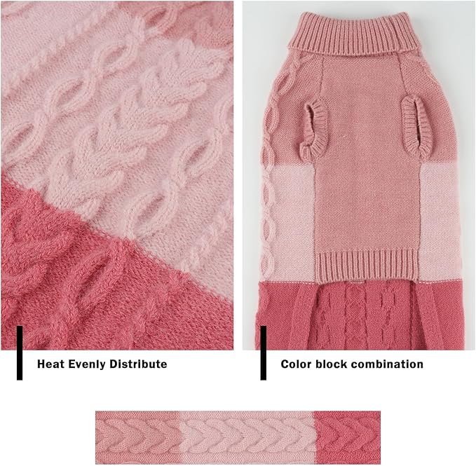 Dog Knitted Turtleneck Sweater - Dog Warm Pullover Color Block Cable Knitwear, Doggie Winter Clothes for Medium Dogs Bulldog, Golden Retriever (Pink, XL)