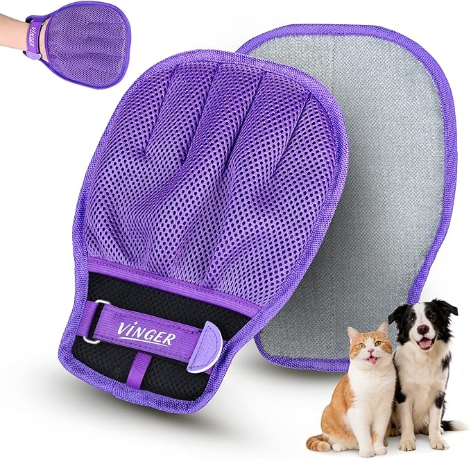 VINGER Pet Hair Removal Glove for Cats & Dogs, Electrostatic Pet Hair Gloves with Adjustable Wristband, Five-Finger Magic Brush Remover Tool for Laundry, Carpet, Couch, Car Seats & Clothing (Purple)