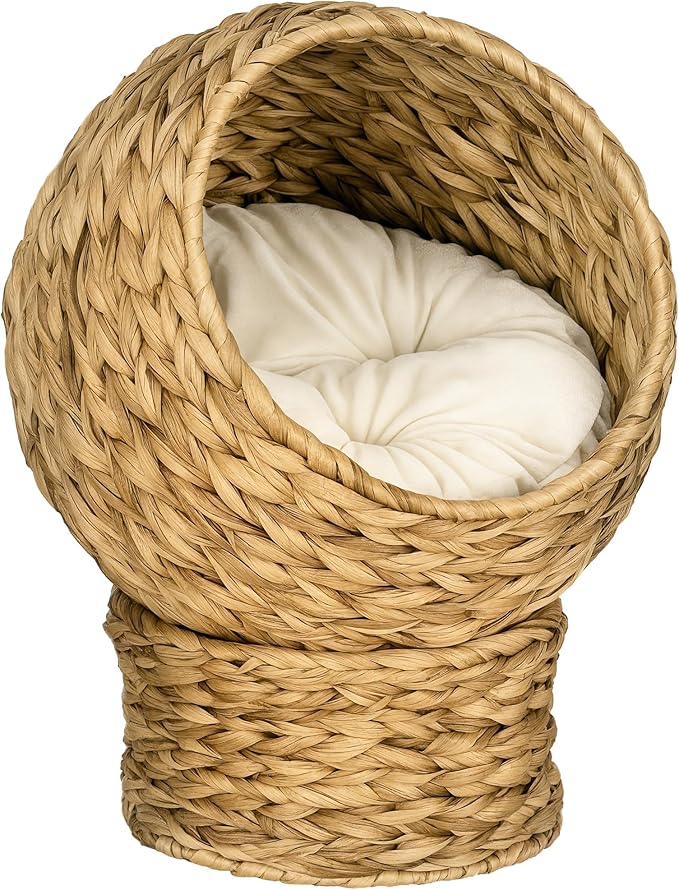 PAWHUT Egg Chair Rattan Elevated CAT Bed with Removable Cover, 17-in, Brown