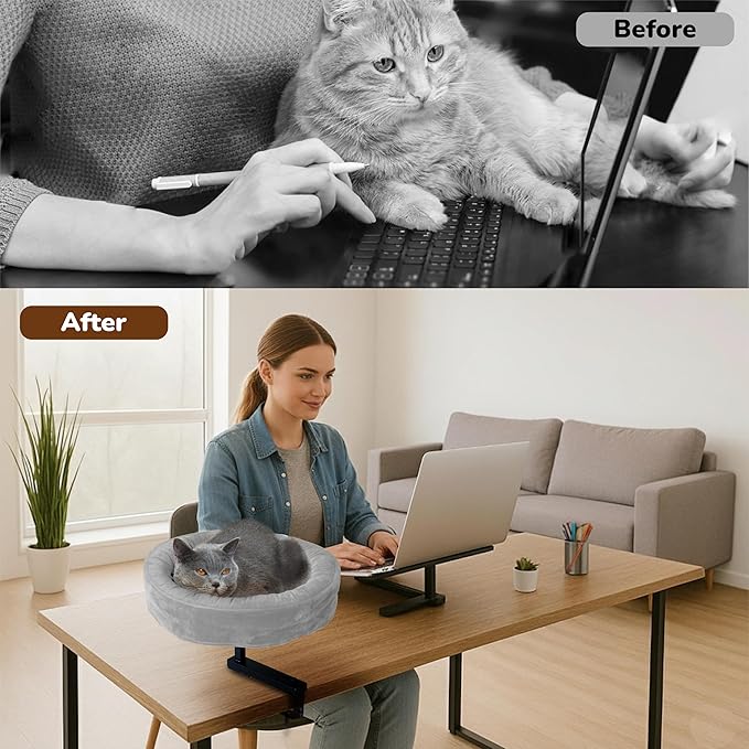 Up to 45LBS Cat Desk Bed - 360° Rotation & Adjustable Height, Pet Perch for Desks with Washable Cushion, Desk Cat Bed Attachment for Various Tables, Gray Cushion