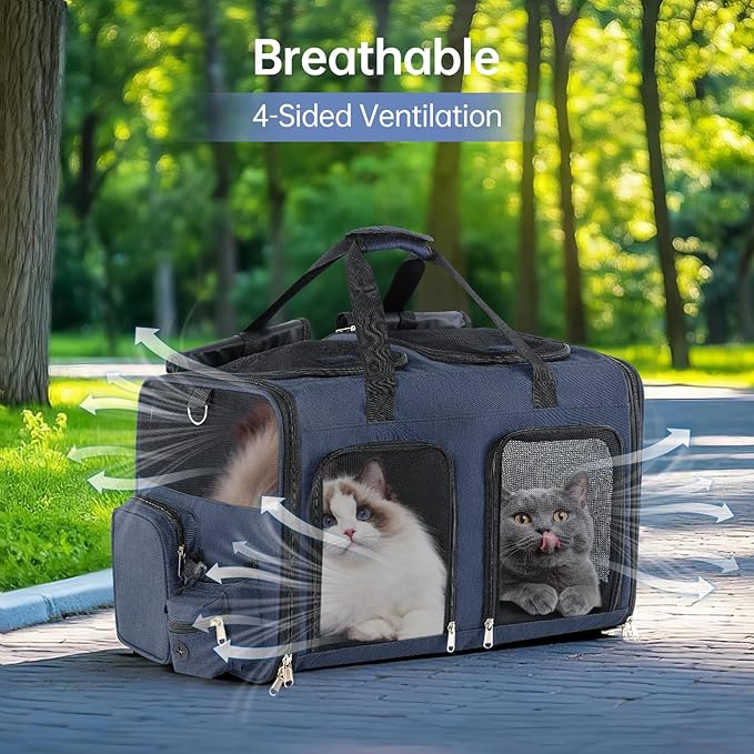 Cat Carrier for 2 Cats - Double Pet Carrier Extra Large, Dual Cabin Multi Cat Travel Carrier with Removable Divider, Collapsible, Can Hold 20 30 40 lbs for Two Small Kitten, Medium Dog Blue