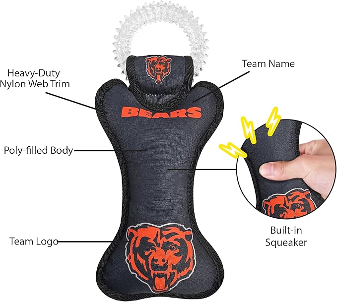 Pets First NFL Chicago Bears Dental Dog TUG Toy with Squeaker. Tough PET Toy for Healthy Fun, Teething, & Cleaning Pet's Teeth & Gum, Team Color