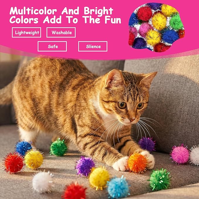 100 PCS Cat Pom Poms Balls Sparkle Cat Toy Balls 1in Soft Pom Poms Fuzzy Ball for Cats Small Plush Cats Ball Toys for Exercise and Entertainment Kitten Pet Chase InteractivePlay