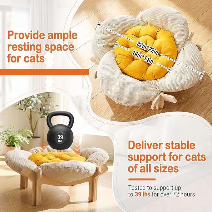 Elevated Flower Cat Bed with Thickened Soft Cushions, Aesthetic Raised Cat Chair for Indoor Cats, Wooden Cats Furniture with Toy, 39lbs Capacity (Beige Petal & Yellow Center)