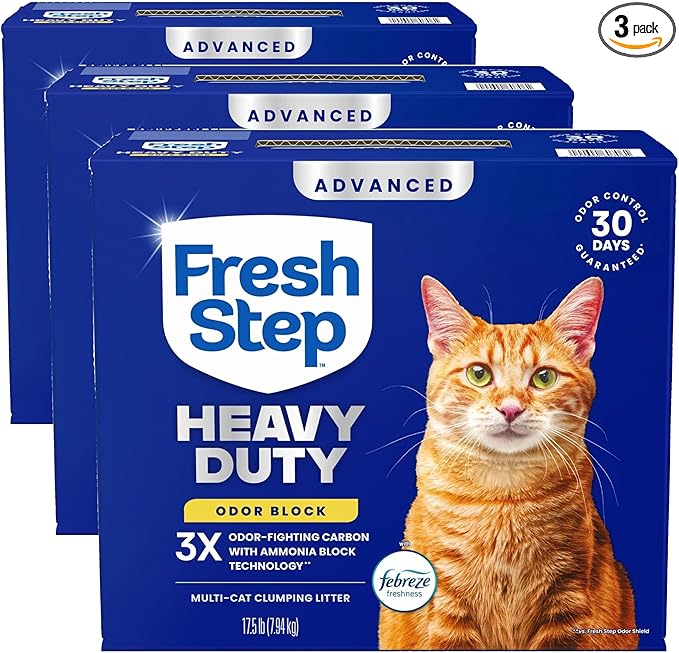 Fresh Step Heavy Duty Odor Block Advanced Multi Cat Clumping Litter with Febreze, 52.5 lb (Package May Vary),(17.5lb Pack x 3)