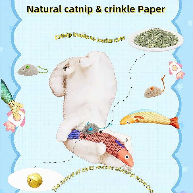 Catnip Fish Toy with Bell | 5000mg Premium A+ Catnip | Interactive Kicker Ball for Indoor Cats & Kittens | Includes Catnip Mice | Fun Kitty Toys