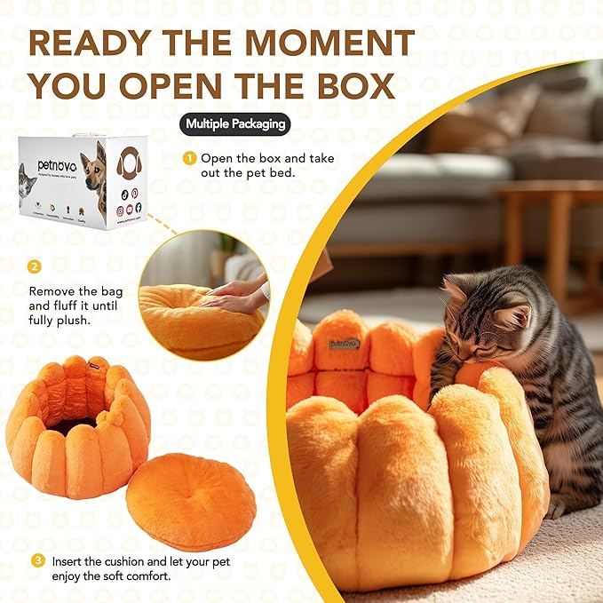 PETNOVO Pumpkin Cat Bed, Plush Donut Cuddler with High Bolster, Non-Slip Cozy Pet Nest for Indoor Cats up to 13 lb and Small Dogs, 20L x 20W x 12H Inch, Pumpkin Yellow