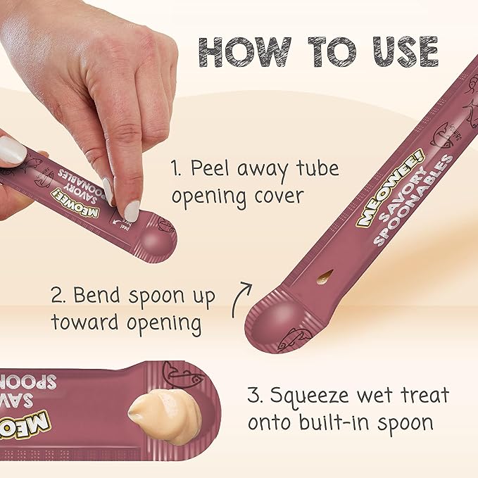 MEOWEE! Savory Spoonables with Real Salmon, Tuna & Krill, 8 Count Tube, Triple Flavor Squeezable Lickable Wet Treats for Cats with Built-in Spoon for Less Mess (Pack of 2)