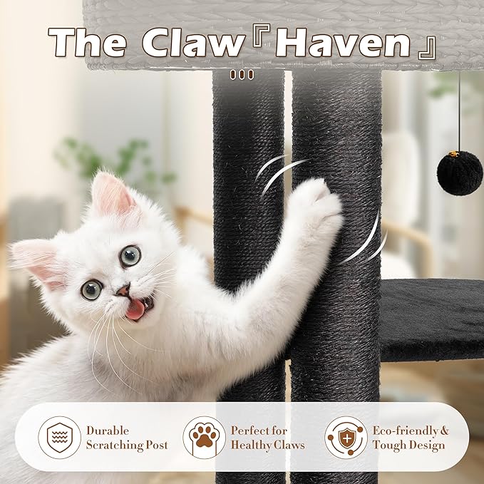 NUNU Modern Cat Tree, Modern Cat Trees Tower, Wooden Cat Tree for Large Cats, 39" Cat Tower for Indoor Cats, Hand-Woven Condo & Top Perch, for Kittens Climb, Play & Rest
