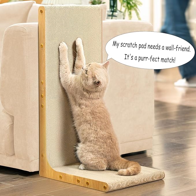 Conlun Cardboard Cat Scratcher, 26" L-Shaped Scratch Pad, Vertical Wall-Leaning Scratching Board to Protect Furniture for Indoor Cats,Wood Grain Jumbo