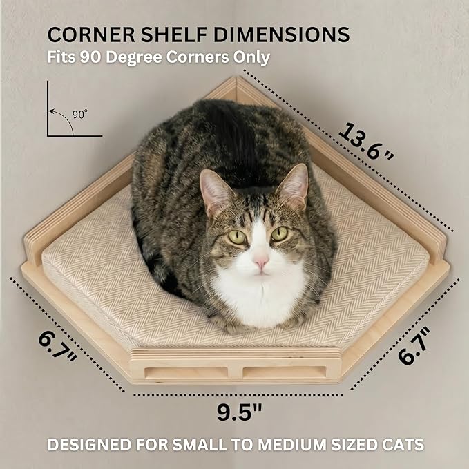 INICIO Cat Wall Shelves - Safe and Sturdy Cat Wall Furniture - Stylish Corner Shelf with 3 Steps for Cats up to 15lbs - Cushioned Perch and Stairs for Climbing and Playing - Natural Wood