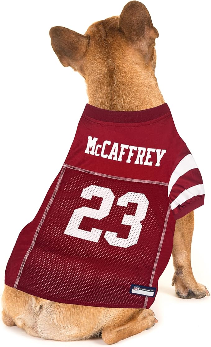 Pets First NFLPA Christian MCCAFFREY PET Jersey #23, NFL Dog Shirt, San Francisco 49ers Mesh Jersey, Size Medium