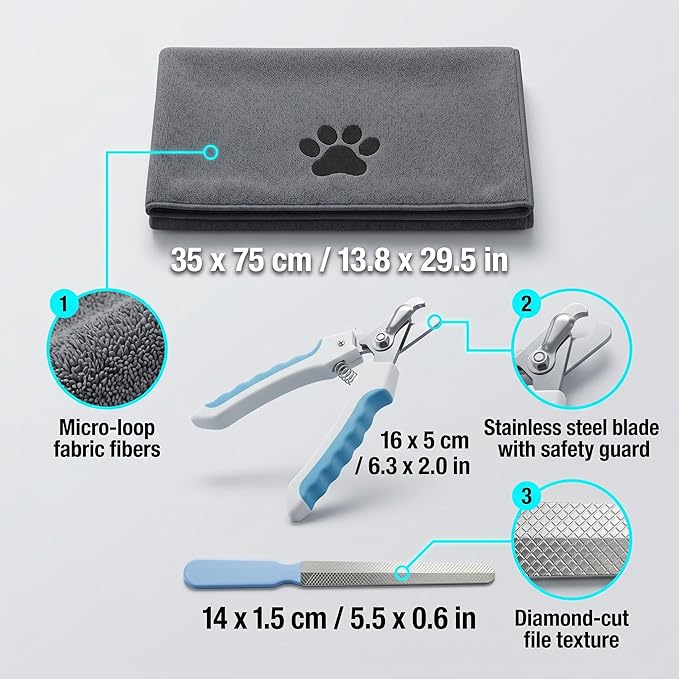 Professional Pet Grooming Kit Dog Nail Clippers and Cat Trimmer with Absorbent Dog Towels and Stainless Steel Nail File Safe Home Grooming Set for Puppies Kittens Large Small Animals