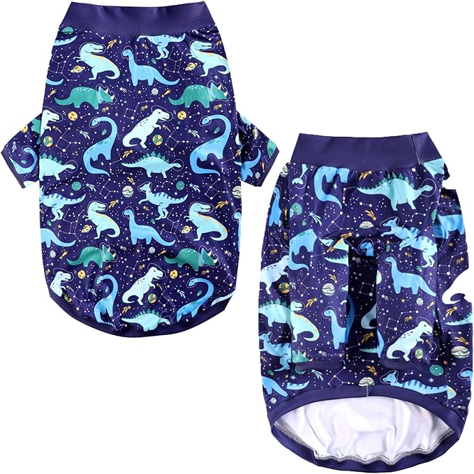 Dog Navy T Shirts with Universe Dinosaur Pattern Printed Pet Shirt Softable Pajamas for Large Dogs (L, Navy)
