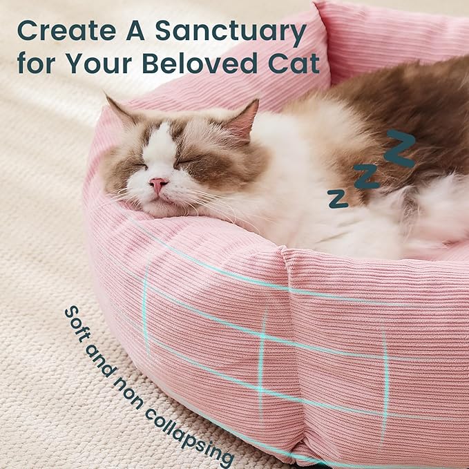 Cat Bed, 22 Inch Washable Corduroy Cat and Small Dog Bed with Removable Cover & Anti-Slip Bottom, Calming Comfort Pet Bed for Pets up to 15 lbs (Pink)