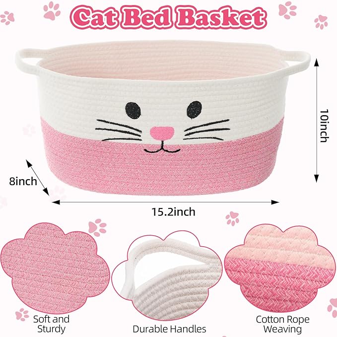 Leitee 100 Pcs Cat Storage Basket Gift Toys Set Cute Cotton Rope Basket, Fish Plush Mice Pet Bell Colorful Crinkle Balls Spring Toys Attract Cat to Swat, Hunt, Interactive for Pet (Basic,Pink,White)