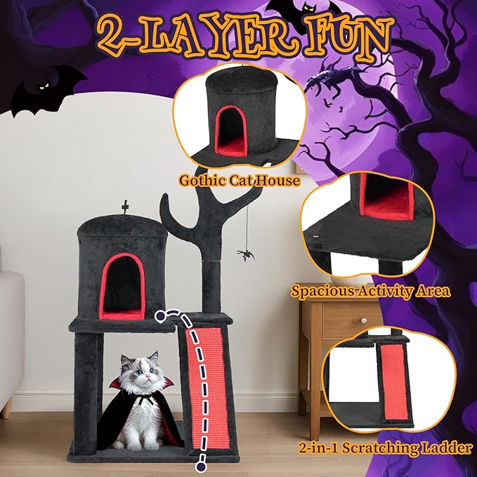 Outvita Gothic Cat Tree,42" Halloween Cat Tower Cat Tree with Spacious Cat Condo, Brach Shaped Scratching Post, Scratching Ladder, Spider Toy for Indoor Cats, Red & Black