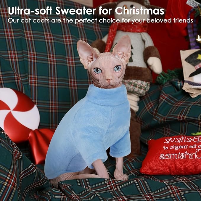 Turtleneck Sweater Coat for Cats, Sphynx Cat Clothes Pajamas for Cats Only, Kitten Fleece Pullover Sweaters with Sleeves, Pet Warm Jumpsuit Cat Sweatshirt for Cold Weather, Blue XL