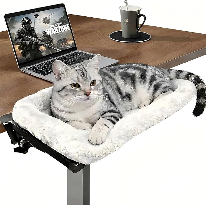 Cat Desk Bed for Home Office Worker Faux Rabbit Cushion Desk-Mounted Hammock Perch Foldable Desktop Space-Saving Clamp Mount Supports Indoor Cats Durable Removable Cover - Gray 21x17in