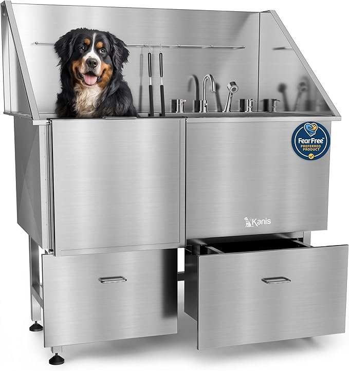 KANIS Professional Dog Washing Station 304 Stainless Steel Pet Wash Sink & Grooming Bathtub w/Shower, Floor Grates and Storage for Large, Medium & Small Pets (Silver, 50 Inches, Left Ramp, 2 Drawers)