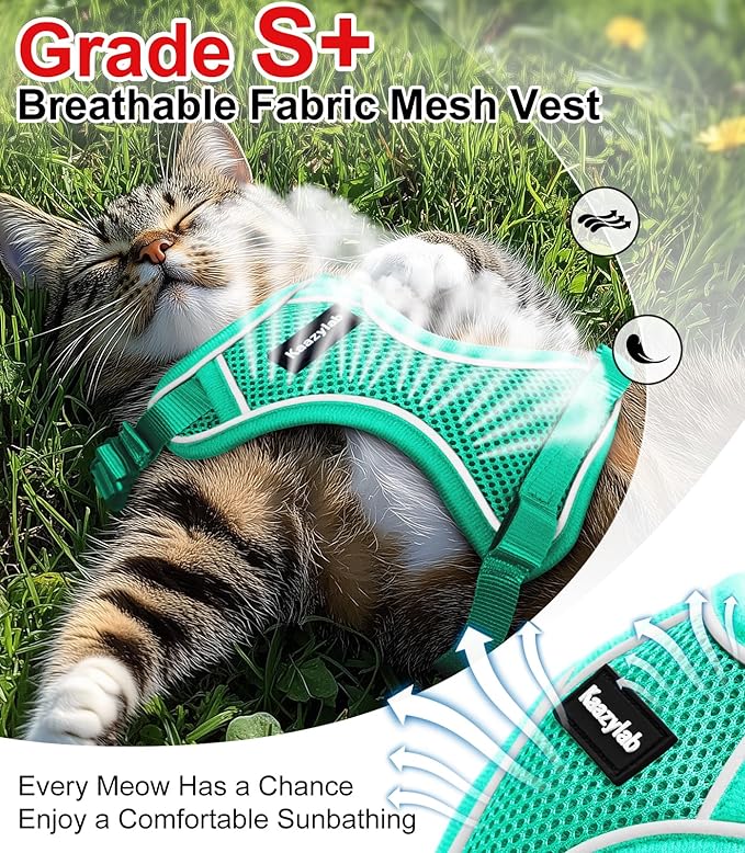 Cat Harness and Leash for Walking Escape Proof Soft Adjustable Cat Leash Breathable Comfortable Vest Easy to Wear Kitten Harness for Outdoor Travel (Emerald, M (13-18lb))