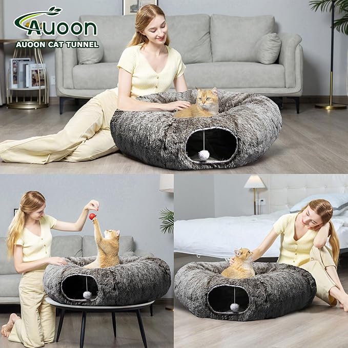 AUOON Cat Tunnel Bed for Indoor Cats - Large Cat Donut Tunnel with Hanging Ball Toy, Collapsible 2-in-1 Multifunctional Interactive Cat Toy for Kitten, Puppy, Rabbit, Ferret (Brown)