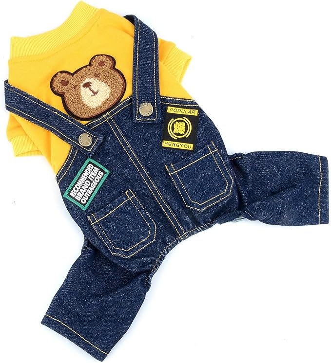 Dog Outfits for Small Dogs Boy Girl Spring Shirts Denim Bib Pants 2 Pockets Jumpsuits One Piece Apparel for Cats Puppies Chihuahua Clothes Adorable Overall for Medium Pet 4 Legs AutumnYellowXS