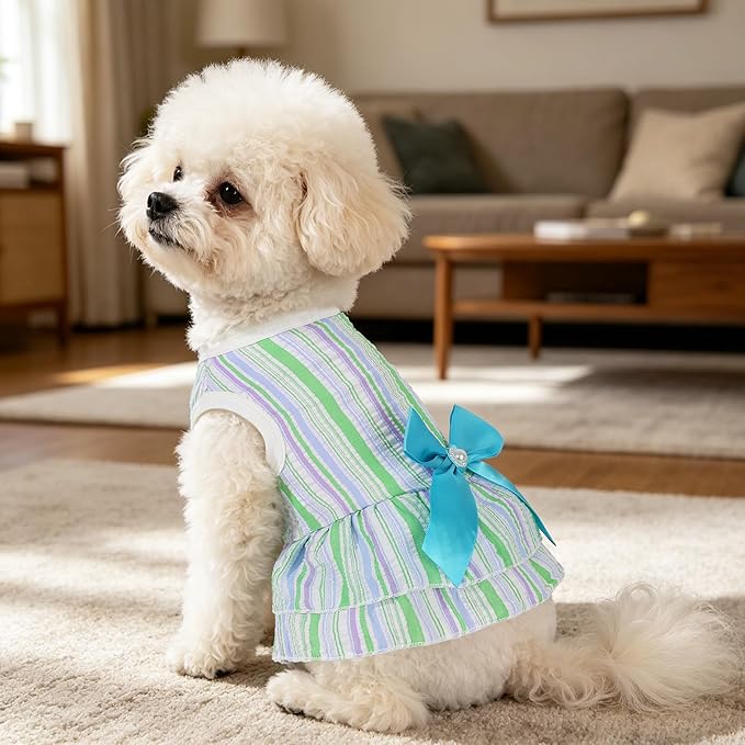 Dog Dress, Cute Pet Princess Dresses with Bright Color Design, Sweet Bowknot, Dog Clothes for Small Dogs Girl, Breathable & Lightweight, for Spring Summer, 2 Pack (Green Blue, Small)