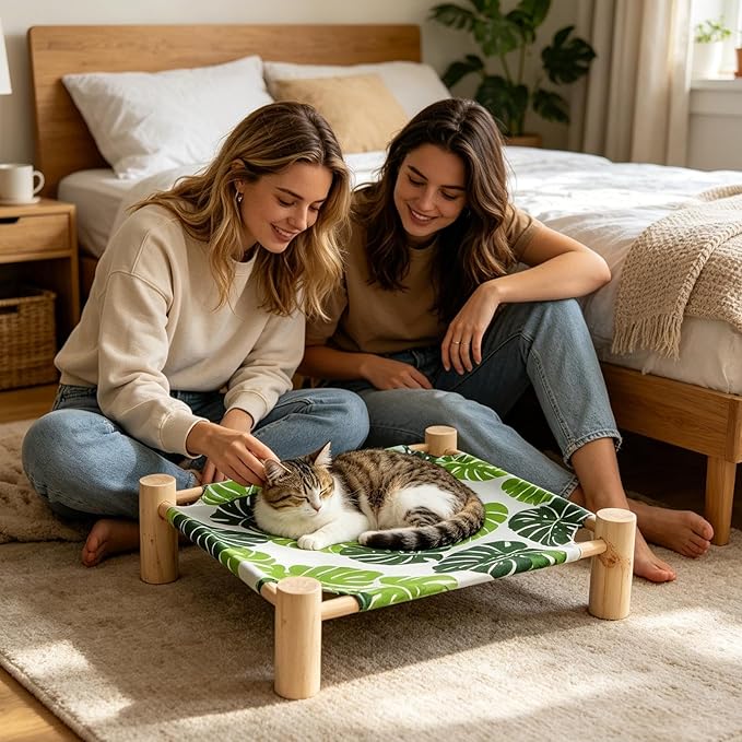 Raised Cat Bed - Wooden Dog Elevated Indoor Outdoor Bed, Cat and Dog Hammock Cot, Removable Sleeping Furniture for Home Living Room Apartment Dorm Outdoor Patio Balcony Porch Corner