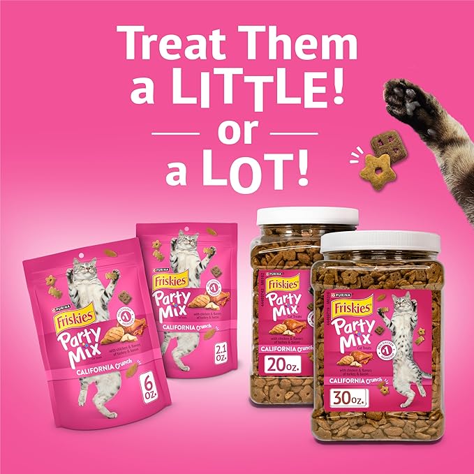 Friskies Purina Party Mix California Crunch with Chicken and Flavors of Turkey and Bacon Cat Treats - 30 oz Canister (Pack of 2)
