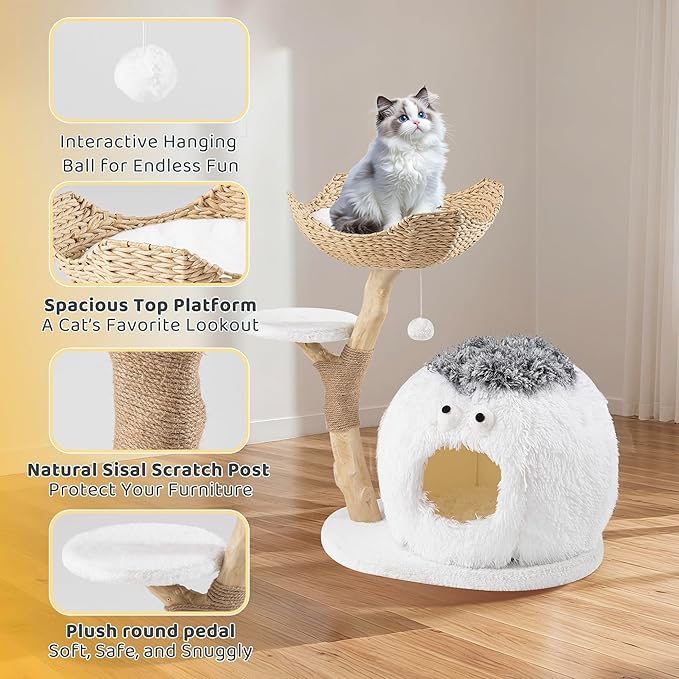 AQUILLA 30.7" Cute Cat Tree Tower for Indoor Cats, Fluffy Cat Condo with Seagrass Basket Bed, Furry Ball House, Sisal Scratching Posts & Stable Base, Beige